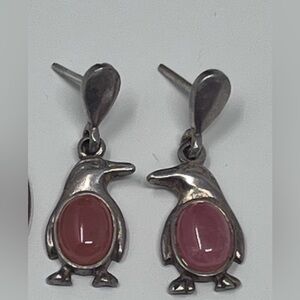 Silver Penguin Drop Earrings with Pink Cabochons